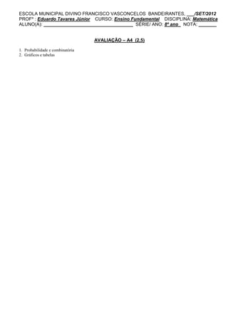 ESCOLA MUNICIPAL DIVINO FRANCISCO VASCONCELOS BANDEIRANTES, ___/SET/2012
PROFº : Eduardo Tavares Júnior CURSO: Ensino Fundamental DISCIPLINA: Matemática
ALUNO(A): ___________________________________ SÉRIE/ ANO: 8º ano NOTA: _______


                                  AVALIAÇÃO – A4 (2,5)

1. Probabilidade e combinatória
2. Gráficos e tabelas
 