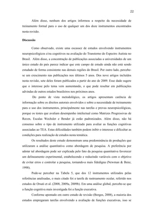  
	
  
22	
  
Além disso, nenhum dos artigos informou a respeito da necessidade de
treinamento formal para o uso de qualquer um dos doze instrumentos encontrados
nesta revisão.
Discussão
Como observado, existe uma escassez de estudos envolvendo instrumentos
neuropsicológicos e/ou cognitivos na avaliação do Transtorno do Espectro Autista no
Brasil. Além disso, a concentração de publicações associadas a universidades de um
único estado do país parece indicar que este campo de estudo ainda não está sendo
estudado de forma consistente nas demais regiões do Brasil. Por outro lado, percebe-
se um crescimento nas publicações nos últimos 5 anos. Dos nove artigos incluídos
nesta revisão, sete deles foram publicados a partir do ano de 2009. Esse dado sugere
que o interesse pelo tema vem aumentando, o que pode resultar em publicações
advindas de outros estados brasileiros nos próximos anos.
Do ponto de vista metodológico, os artigos apresentam carência de
informação sobre os direitos autorais envolvidos e sobre a necessidade de treinamento
para o uso dos instrumentos, principalmente nas tarefas e provas neuropsicológicas,
porque os testes que avaliam desempenho intelectual como Matrizes Progressivas de
Raven, Escalas Wechsler e Bender já estão padronizados. Além disso, não há
consenso sobre o tipo de instrumento utilizado para avaliar as funções cognitivas
associadas ao TEA. Estas dificuldades também podem inibir o interesse e dificultar as
condições para realização de estudos nesta temática.
Os resultados deste estudo demonstram uma predominância de produções que
utilizaram a análise quantitativa como abordagem de pesquisa. A preferência por
adotar tal abordagem pode ser explicada pelo fato da pesquisa quantitativa favorecer
um delineamento experimental, estabelecendo e reduzindo variáveis com o objetivo
de evitar erros e controlar a pesquisa, tornando-a mais fidedigna (Newman & Benz,
1998).
Pode-se perceber na Tabela 5, que dos 12 instrumentos utilizados pelas
referências analisadas, o mais citado foi a tarefa de rastreamento ocular, referido nos
estudos de Orsati et al. (2008, 2009a, 2009b). Em uma análise global, percebe-se que
a função cognitiva mais investigada foi a função executiva.
Conforme apontado em outro estudo de revisão (Borges, 2008), a maioria dos
estudos empregaram tarefas envolvendo a avaliação de funções executivas, isso se
 