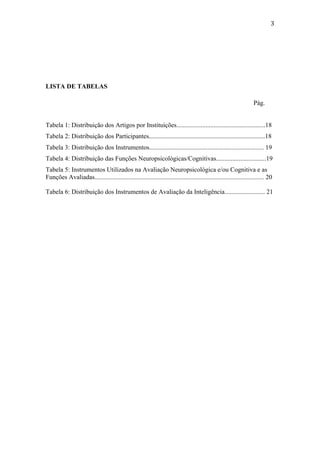  
	
  
3	
  
	
  
	
  
LISTA DE TABELAS
Pág.
Tabela 1: Distribuição dos Artigos por Instituições.......................................................18
Tabela 2: Distribuição dos Participantes........................................................................18
Tabela 3: Distribuição dos Instrumentos....................................................................... 19
Tabela 4: Distribuição das Funções Neuropsicológicas/Cognitivas...............................19
Tabela 5: Instrumentos Utilizados na Avaliação Neuropsicológica e/ou Cognitiva e as
Funções Avaliadas......................................................................................................... 20
Tabela 6: Distribuição dos Instrumentos de Avaliação da Inteligência......................... 21
	
  
	
  
	
  
 