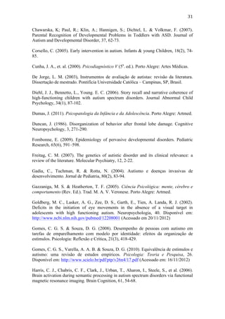  
	
  
31	
  
Chawarska, K; Paul, R.; Klin, A.; Hannigen, S.; Dichtel, L. & Volkmar, F. (2007).
Parental Recognition of Developmental Problems in Toddlers with ASD. Journal of
Autism and Developmental Disorder, 37, 62-73.
Corsello, C. (2005). Early intervention in autism. Infants & young Children, 18(2), 74-
85.
Cunha, J. A., et. al. (2000). Psicodiagnóstico V (5a
. ed.). Porto Alegre: Artes Médicas.
De Jorge, L. M. (2003), Instrumentos de avaliação de autistas: revisão da literatura.
Dissertação de mestrado. Pontifícia Universidade Católica – Campinas, SP, Brasil.
Diehl, J. J., Bennetto, L., Young. E. C. (2006). Story recall and narrative coherence of
high-functioning children with autism spectrum disorders. Journal Abnormal Child
Psychology, 34(1), 87-102.
Dumas, J. (2011). Psicopatologia da Infância e da Adolescência. Porto Alegre: Artmed.
Duncan, J. (1986). Disorganization of behavior after frontal lobe damage. Cognitive
Neuropsychology, 3, 271-290.
Fombonne, E. (2009). Epidemiology of pervasive developmental disorders. Pediatric
Research, 65(6), 591–598.
Freitag, C. M. (2007). The genetics of autistic disorder and its clinical relevance: a
review of the literature. Molecular Psychiatry, 12, 2-22.
Gadia, C., Tuchman, R. & Rotta, N. (2004). Autismo e doenças invasivas de
desenvolvimento. Jornal de Pediatria, 80(2), 83-94.
Gazzaniga, M. S. & Heatherton, T. F. (2005). Ciência Psicológica: mente, cérebro e
comportamento (Rev. Ed.). Trad. M. A. V. Veronese. Porto Alegre: Artmed.
Goldberg, M. C., Lasker, A. G., Zee, D. S., Garth, E., Tien, A. Landa, R. J. (2002).
Deficits in the initiation of eye movements in the absence of a visual target in
adolescents with high functioning autism. Neuropsychologia, 40. Disponível em:
http://www.ncbi.nlm.nih.gov/pubmed/12208001 (Acessado em 20/11/2012)
Gomes, C. G. S. & Souza, D. G. (2008). Desempenho de pessoas com autismo em
tarefas de emparelhamento com modelo por identidade: efeitos da organização de
estímulos. Psicologia: Reflexão e Crítica, 21(3), 418-429.
Gomes, C. G. S., Varella, A. A. B. & Souza, D. G. (2010). Equivalência de estímulos e
autismo: uma revisão de estudos empíricos. Psicologia: Teoria e Pesquisa, 26.
Disponível em: http://www.scielo.br/pdf/ptp/v26n4/17.pdf (Acessado em: 16/11/2012)
Harris, C. J., Chabris, C. F., Clark, J., Urban, T., Aharon, I., Steele, S., et al. (2006).
Brain activation during semantic processing in autism spectrum disorders via functional
magnetic resonance imaging. Brain Cognition, 61, 54-68.
 