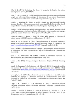  
	
  
32	
  
Hill, E. L. (2004). Evaluating the theory of executive dysfunction in autism.
Developmental Review, 24, 189-233.
Hora, C. L. & Benvenuti, F. L. (2007). Controle restrito em uma tarefa de matching-to-
sample com palavras e sílabas: avaliação do desempenho de uma criança diagnosticada
com autismo. Revista brasileira de análise do comportamento, 3(1), 29-45.
Howlin, P., Mawhood, L., Rutter, M. (2000). Autism and developmental receptive
language disorder a follow-up comparison in early adult life. II: Social, beharvioural,
and psychiatric outcomes. Journal of Child Psychology and Psychiatry, 41,561-78.
Howlin, P. (2003) Outcome in high-functioning adults with autism with an without
early language delays: implications for the differentiation between autism and Asperger
syndrome. Journal of Autism and Developmental Disorders, 33, 3-13.
Howlin, P., Goode, S., Hutton, J., Hutter, M. (2004). Adult outcome for children with
autism. Journal of Child Psychology and Psychiatry, 45, 212-29.
Jurado, M. B. & Rosselli, M. (2007). The elusive nature of executive functions: a
review of our current understanding. Neuropsychological Review, 17. Disponível em:
http://www.ncbi.nlm.nih.gov/pubmed/17786559 (Acessado em 20/11/2012)
Klin, A. (2006). Autismo e síndrome de Asperger: Uma visão geral. Revista Brasileira
de Psiquiatria, 28, 3-11. Disponível em: http://scielo.bvs-psi.org.br. (Acessado em
20/10/2011)
Klin, A. & Mercadante, M. (2006). Autismo e transtornos invasivos do
desenvolvimento. Revista Brasileira de Psiquiatria, 28 (1), s1-s2.
Lezak, M. D. (1995). Neuropsychological Assessment. England: Oxford University
Press.
Lira, J. O., Tamanaha, A. C., Perissinoto, J. & Osborn, E. (2009). O reconto de histórias
em crianças do espectro autístico: um estudo preliminar. Rev. CEFAC, 11(3).
Disponível em: http://www.scielo.br/pdf/rcefac/2009nahead/220-07.pdf (Acessado em
16/11/2012)
Lourenção, L. C. (2008). Reconhecimento de faces familiares em indivíduos com
Síndrome de Asperger e Transtorno Invasivo do desenvolvimento sem outra
especificação. Dissertação de mestrado, Universidade Presbiteriana Mackenzie, São
Paulo, SP, Brasil.
Luppi, G. S., Tamanaha, A. C. & Perissinoto, J. (2005). A análise das funções
executivas no autismo infantil: um estudo preliminar. Temas em Desenvolvimento,
14(79), 32-36.
Maestro, S., Muratori, F., Barbieri, F., Casella, C., Cattaneo, V., Cavallaro, M. C., et al.
(2001). Early behavioral development in autistic children: the first 2 years of life
through home movies. Psychopathology, 34, 147–152.
 