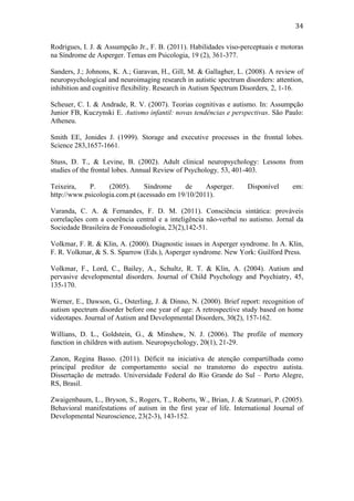  
	
  
34	
  
Rodrigues, I. J. & Assumpção Jr., F. B. (2011). Habilidades viso-perceptuais e motoras
na Síndrome de Asperger. Temas em Psicologia, 19 (2), 361-377.
Sanders, J.; Johnons, K. A.; Garavan, H., Gill, M. & Gallagher, L. (2008). A review of
neuropsychological and neuroimaging research in autistic spectrum disorders: attention,
inhibition and cognitive flexibility. Research in Autism Spectrum Disorders, 2, 1-16.
Scheuer, C. I. & Andrade, R. V. (2007). Teorias cognitivas e autismo. In: Assumpção
Junior FB, Kuczynski E. Autismo infantil: novas tendências e perspectivas. São Paulo:
Atheneu.
Smith EE, Jonides J. (1999). Storage and executive processes in the frontal lobes.
Science 283,1657-1661.
Stuss, D. T., & Levine, B. (2002). Adult clinical neuropsychology: Lessons from
studies of the frontal lobes. Annual Review of Psychology, 53, 401-403.
Teixeira, P. (2005). Síndrome de Asperger. Disponível em:
http://www.psicologia.com.pt (acessado em 19/10/2011).
Varanda, C. A. & Fernandes, F. D. M. (2011). Consciência sintática: prováveis
correlações com a coerência central e a inteligência não-verbal no autismo. Jornal da
Sociedade Brasileira de Fonoaudiologia, 23(2),142-51.
Volkmar, F. R. & Klin, A. (2000). Diagnostic issues in Asperger syndrome. In A. Klin,
F. R. Volkmar, & S. S. Sparrow (Eds.), Asperger syndrome. New York: Guilford Press.
Volkmar, F., Lord, C., Bailey, A., Schultz, R. T. & Klin, A. (2004). Autism and
pervasive developmental disorders. Journal of Child Psychology and Psychiatry, 45,
135-170.
Werner, E., Dawson, G., Osterling, J. & Dinno, N. (2000). Brief report: recognition of
autism spectrum disorder before one year of age: A retrospective study based on home
videotapes. Journal of Autism and Developmental Disorders, 30(2), 157-162.
Willians, D. L., Goldstein, G., & Minshew, N. J. (2006). The profile of memory
function in children with autism. Neuropsychology, 20(1), 21-29.
Zanon, Regina Basso. (2011). Déficit na iniciativa de atenção compartilhada como
principal preditor de comportamento social no transtorno do espectro autista.
Dissertação de metrado. Universidade Federal do Rio Grande do Sul – Porto Alegre,
RS, Brasil.
Zwaigenbaum, L., Bryson, S., Rogers, T., Roberts, W., Brian, J. & Szatmari, P. (2005).
Behavioral manifestations of autism in the first year of life. International Journal of
Developmental Neuroscience, 23(2-3), 143-152.
	
  
 