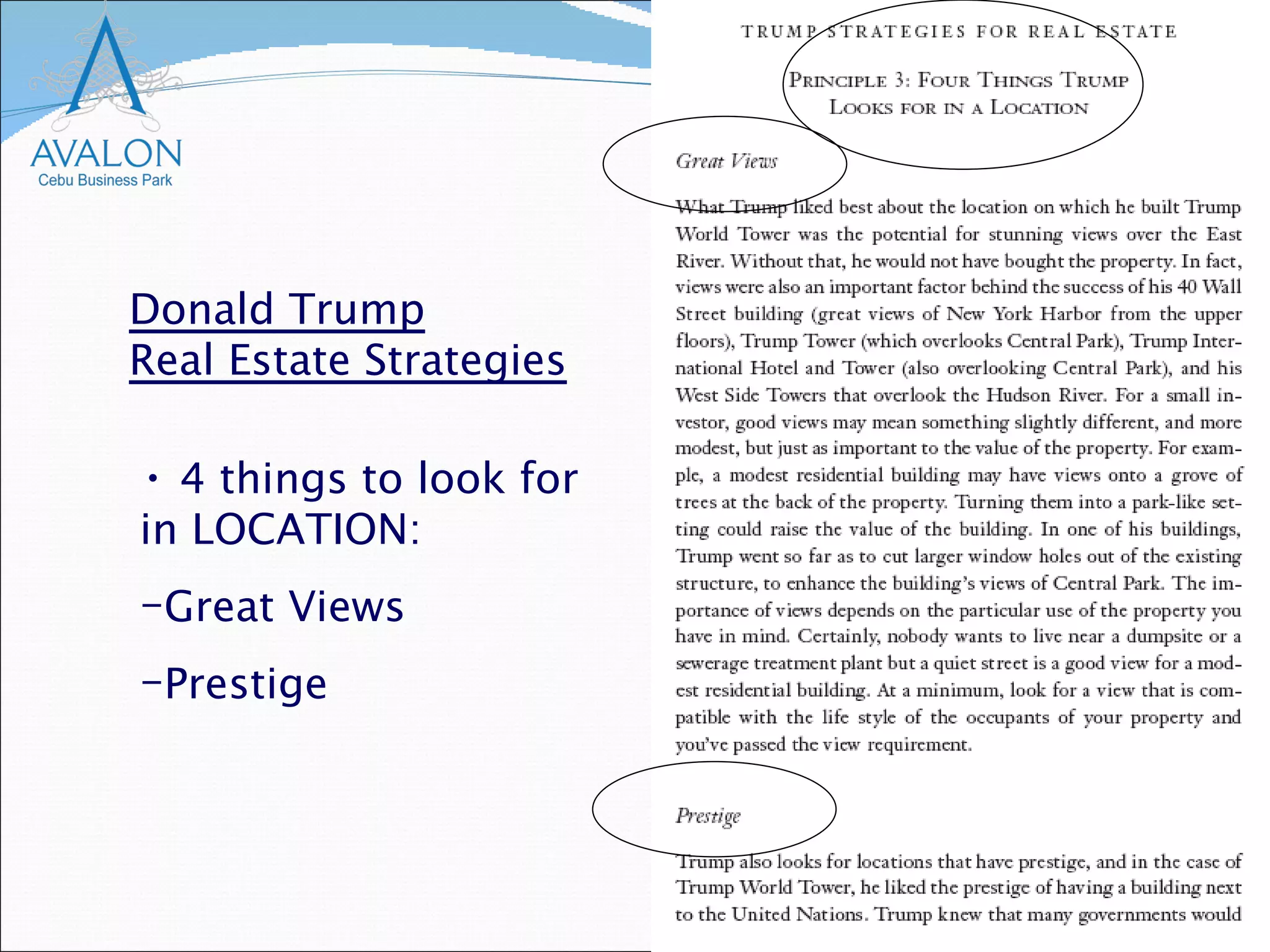 Donald Trump Real Estate Strategies 4 things to look for in LOCATION: Great Views Prestige 