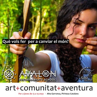 Què vols fer per a canviar el món?



        SUSTAINABILITY SCHOOL




        SUSTAINABILITY SCHOOL


 art+comunitat+aventura
        Per a joves de 13 a 19 anys · Alta Garrotxa, Pirineus Catalans
 