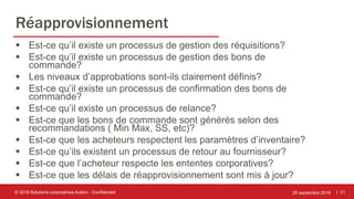 | 21
Réapprovisionnement
 Est-ce qu’il existe un processus de gestion des réquisitions?
 Est-ce qu’il existe un processus de gestion des bons de
commande?
 Les niveaux d’approbations sont-ils clairement définis?
 Est-ce qu’il existe un processus de confirmation des bons de
commande?
 Est-ce qu’il existe un processus de relance?
 Est-ce que les bons de commande sont générés selon des
recommandations ( Min Max, SS, etc)?
 Est-ce que les acheteurs respectent les paramètres d’inventaire?
 Est-ce qu’ils existent un processus de retour au fournisseur?
 Est-ce que l’acheteur respecte les ententes corporatives?
 Est-ce que les délais de réapprovisionnement sont mis à jour?
25 septembre 2018© 2018 Solutions corporatives Avalon - Confidentiel
 