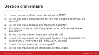 | 25
Gestion d’inventaire
1. Est-ce que vous utilisez une classification ABC?
2. Est-ce que cette classification est liée aux objectifs de niveau de
service?
3. Est-ce que vous calculez des stocks de sécurité?
4. Connaissez-vous le coût d’acquisition et le coût de maintien en
inventaire?
5. Est-ce que vous déterminez des tailles de lot?
6. Est-ce que vous avez un processus de mise à jour formel de vos
paramètres d’inventaire ( SS, MIN, MAX, délais)?
7. Est-ce que vous mesurez vos surplus?
8. Est-ce que vous avez un processus de désuétude?
25 septembre 2018© 2018 Solutions corporatives Avalon - Confidentiel
 