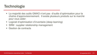 | 51
Technologie
25 septembre 2018© 2018 Solutions corporatives Avalon - Confidentiel
 La majorité des outils GMAO n’ont pas d’outils d’optimisation pour la
chaîne d’approvisionnement. Il existe plusieurs produits sur le marché
pour vous aider:
 Logiciel d’optimisation d’inventaire (deep learning)
 SRM : supplier relationship management
 Gestion de contracts
 