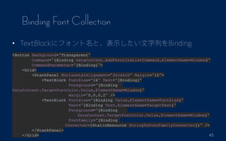 45
Binding Font Collection
? TextBlock˥եȡʾФBinding
<Button Background="Transparent"
Command="{Binding DataContext.AddFavoriteListCommand,ElementName=Window}"
CommandParameter="{Binding}">
<Grid>
<StackPanel HorizontalAlignment="Stretch" Margin="12">
<TextBlock FontSize="16" Text="{Binding}"
Foreground="{Binding
DataContext.TargetFontColor.Value,ElementName=Window}"
Margin="0,0,0,2" />
<TextBlock FontSize="{Binding Value,ElementName=FontSize}"
Text="{Binding Text,ElementName=TargetText}"
Foreground="{Binding
????????????????DataContext.TargetFontColor.Value,ElementName=Window}"
FontFamily="{Binding
?????????????Converter={StaticResource StringToFontFamilyConverter}}" />
</StackPanel>
</Grid>
 