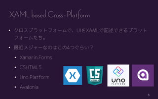 8
? ץåȥե`ǡUIXAMLӛǤץå
ե`ि
? ᥸`ʤΤϤ4Ĥ餤
? Xamarin.Forms
? CSHTML5
? Uno Platform
? Avalonia
XAML based Cross-Platform
 