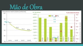 Mão de Obra
Fig. 3- Evolução do número de
pescadores matriculados (1950-
2011).
Fig. 4- População empregada na
pesca – número de ativos e sua
percentagem no total regional, por
NUTS II (2011)
 Por abandono da atividade;
 Reforma;
 Modernização funcional da
frota.
 