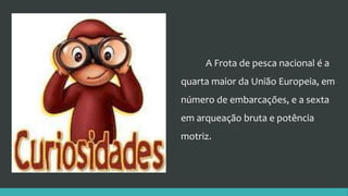 A Frota de pesca nacional é a
quarta maior da União Europeia, em
número de embarcações, e a sexta
em arqueação bruta e potência
motriz.
 