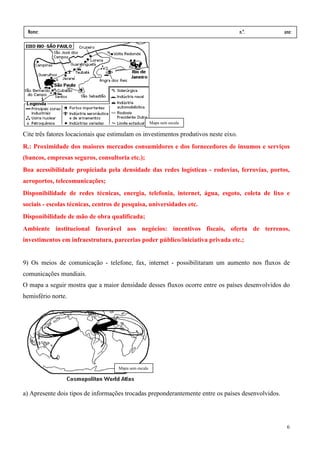 Nome:                                                                                n.º.          ano:
 data:     /        /




                                                       Mapa sem escala

Cite três fatores locacionais que estimulam os investimentos produtivos neste eixo.
R.: Proximidade dos maiores mercados consumidores e dos fornecedores de insumos e serviços
(bancos, empresas seguros, consultoria etc.);
Boa acessibilidade propiciada pela densidade das redes logísticas - rodovias, ferrovias, portos,
aeroportos, telecomunicações;
Disponibilidade de redes técnicas, energia, telefonia, internet, água, esgoto, coleta de lixo e
sociais - escolas técnicas, centros de pesquisa, universidades etc.
Disponibilidade de mão de obra qualificada;
Ambiente institucional favorável aos negócios: incentivos fiscais, oferta de terrenos,
investimentos em infraestrutura, parcerias poder público/iniciativa privada etc.;


9) Os meios de comunicação - telefone, fax, internet - possibilitaram um aumento nos fluxos de
comunicações mundiais.
O mapa a seguir mostra que a maior densidade desses fluxos ocorre entre os países desenvolvidos do
hemisfério norte.




                                     Mapa sem escala




a) Apresente dois tipos de informações trocadas preponderantemente entre os países desenvolvidos.




                                                                                                     6
 