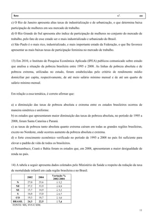 Nome:                                                                                  n.º.       ano:
 data:     /          /
c) O Rio de Janeiro apresenta altas taxas de industrialização e de urbanização, o que determina baixa
participação de mulheres em seu mercado de trabalho.
d) O Rio Grande do Sul apresenta alto índice de participação de mulheres no conjunto do mercado de
trabalho, pelo fato de esse estado ser o mais industrializado e urbanizado do Brasil.
e) São Paulo é o mais rico, industrializado, e mais importante estado da Federação, o que lhe favorece
apresentar as mais baixas taxas de participação feminina no mercado de trabalho.


13) Em 2010, o Instituto de Pesquisa Econômica Aplicada (IPEA) publicou comunicado sobre estudo
que analisa a situação da pobreza brasileira entre 1995 e 2008. As linhas de pobreza absoluta e de
pobreza extrema, utilizadas no estudo, foram estabelecidas pelo critério de rendimento médio
domiciliar per capita, respectivamente, de até meio salário mínimo mensal e de até um quarto de
salário mínimo mensal.


Em relação a essa temática, é correto afirmar que:


a) a diminuição das taxas de pobreza absoluta e extrema entre os estados brasileiros ocorreu de
maneira simétrica e uniforme.
b) os estados que apresentaram maior diminuição das taxas de pobreza absoluta, no período de 1995 a
2008, foram Santa Catarina e Paraná.
c) as taxas de pobreza tanto absoluta quanto extrema caíram em todas as grandes regiões brasileiras,
exceto no Nordeste, onde ocorreu aumento da pobreza absoluta e extrema.
d) o forte crescimento econômico verificado no período de 1995 a 2008 no país foi suficiente para
elevar o padrão de vida de todos os brasileiros.
e) Pernambuco, Ceará e Bahia foram os estados que, em 2008, apresentaram a maior desigualdade de
renda no país.


14) A tabela a seguir apresenta dados coletados pelo Ministério da Saúde a respeito da redução da taxa
de mortalidade infantil em cada região brasileira e no Brasil.
                                 Variação %
               2002       2004
                                  2002-2004
    N       27,0    25,6            ↓ 5,2
   NE       37,2    33,9            ↓ 8,9
   SE       15,7    14,9            ↓ 5,2
    S       16,0    15,0            ↓ 6,7
   CO       19,3    18,7            ↓ 3,0
 BRASIL     24,3    22,5            ↓ 7,4
 FONTE: MS, SVS E SIM.

                                                                                                   11
 