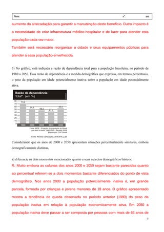 Nome:                                                                          n.º.            ano:
  data:   /      /
aumento da arrecadação para garantir a manutenção deste benefício. Outro impacto é
           arrecadação

                                      médico-
a necessidade de criar infraestrutura médico-hospitalar e de lazer para atender esta

população cada vez maior.

Também será necessário
Também será necessário reorganizar a cidade e seus equipamentos públicos para
                                                                públicos

               população
atender a essa população envelhecida.


6) No gráfico, está indicada a razão de dependência total para a população brasileira, no período de
1980 a 2050. Essa razão de dependência é a medida demográfica que expressa, em termos percentuais,
o peso da população em idade potencialmente inativa sobre a população em idade potencialmente
ativa.




Considerando que os anos de 2000 e 2050 apresentam situações percentualmente similares, embora
demograficamente distintas,


a) diferencie os dois momentos mencionados quanto a seus aspectos demográficos básicos;
R.: Muito embora as colunas dos anos 2000 e 2050 sejam bastante parecidas quanto

              referem-
ao percentual referem-se a dois momentos bastante diferenciados do ponto de vista

demográfico. Nos anos 2000 a população potencialmente inativa é, em grande

parcela, formada por crianças e jovens menores de 18 anos. O gráfico apresentado

mostra a tendência de queda observada no período anterior (1980) do peso da

população inativa em relação à população economicamente ativa. Em 2050 a

                                             por
população inativa deve passar a ser composta por pessoas com mais de 65 anos de
                                                                                                  5
 