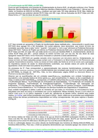 5-Transformação de DST.RDID0 em DST.RON
Como se está visualizando uma proposta de complementação do Acervo-SUS - já aplicada conforme o livro “Saúde
Merecida, Devida e Recebida no Brasil com Métricas Inferidas e Determinantes” e sua “Extensão-1”, têm-se que, em
média, os Cenários de AIS/LCA do Br09R322 sinalizam que para cada 100 vidas atende-se 35,39. Mas, dispõe de
recursos alocados que poderiam atender 63,76 Vidas com AIS. Logo, têm-se Exclusões de 28,37 Vidas com AIS.
Dessa forma, a 1ª. fase do dever de casa foi concluída.

                                                   DST-SUS^Br09r322
                                                    100,0%
                          100,0%

                           80,0%
                                                                          63,76%

                           60,0%
                                                             35,39%
                                                                                          28,37%
                           40,0%

                           20,0%

                            0,0%
                                     Demandas           Ofertas      Capacidade Exclusões
A 2ª. fase consiste em apresentar o Projeto de transformação dessa realidade-alvo – demonstrando o quanto esse
DST-SUS deve agregar DA e NA Sociedade. Em outras palavras, deve demonstrar -aos DEMAIS SETORES da
sociedade- que pode, deve e sabe “como”, “quando”, “com quem” e “com o que” eliminará os Problemas Estruturais
desse DST-SUS. Trata-se de Projeto que elimina os Problemas Estruturais-SUS com o atendimento adicional das
28,37 Vidas com AIS, em cada 100, que estão sendo EXCLUÍDAS por Gestões-RDID. E, simultaneamente, atende as
outras 35,39 Vidas com AIS – porque seduziu os DEMAIS SETORES que, por sua vez, faz seu dever de casa
agregando nesse DST-SUS o APOIO FINANCEIRO necessário e suficiente a esses atendimentos.
Nesse cenário, o DST-SUS em questão converte APOIO FINANCEIRO em RECURSOS DIRETOS. Evidentemente, os
DEMAIS SETORES só foram seduzidos porque contam com a FERRAMENTA DE MONITORAMENTO POR PROCESSOS que
explicita TRANSPARÊNCIA MODERNA. Como os DEMAIS SETORES estão não frente do SETOR DE SAÚDE com a percepção
da importância indutora da saúde no desenvolvimento sustentado, sua decisão estava em ponto de espera,
aguardando o SUS com esse novo patamar de proficiência.
Os processos da 3ª. Fase correspondem a operacionalização das posturas transformadoras constantes nos
EVENTOS(técnicos, operacionais, econômicos e financeiros) transformadores que convergem para as METAS e OBJETIVOS aplicáveis
ao DST.RDID0 na direção do DST.RON. Vide, no livro referenciado, página 30/625 ou INDICAÇÃO BÁSICA OU
PROPOSTA DO QUE DEVE SER FEITO.
Observe que as quantificações são em unidades específicas (UnEsp) equalizadas com unidade homogênea ou
equivalente a uma consulta médica de clínico geral (UnEqv), sem procedimentos. E, depois, se faz a explicitação em
Vidas. A média do DST-SUS^Br09R322 corresponde a 31,328354 UnEqv/Vida-Ano ou 2,611UnEqv/Vida-Mês, sendo:
*14,26%Atenção Básica; *15,37%Atenção em Ambulatório de Especialidades; *13,17%Atenção em Unidades de
Programas Especais; *4,62%Atenção de Emergências^Urgências; *13,28%Atenção nas Internações em
Enfermarias; *11,75%Atenção nas Internações em UTIs; *5,14%Atenção em Centros Cirúrgicos; *2,63%Atenção
em Centros Gineco-Obstétricos e *19,77%Atenção nos Serviços Auxiliares aos Diagnósticos e Terapêuticos.
Essa unidade homogênea é obtida a partir do momento em que todos os PROGRAMAS DE PROCEDIMENTOS foram
articulados com seus RECURSOS e convertidos nos CUSTOS respectivos. Nesse momento, faz-se o CUSTO MÉDIO DA
UNESP COMO IGUAL AO DA UNEQV respectiva. A partir daí, calculam-se as demais UnEqv, dividindo seus custos
médios, em UnEsp, pela UnEsp considerada como igual a UnEqv. Assim, obtém-se os quocientes que multiplicados
pelas UnEsp dos demais procedimentos disponibilizam as UnEqv correspondentes. Isto posto vejamos o Quadro-
23Pág.36:
                                             Discriminação                  UnEqvNo.     % s/Tot   VidasNo.   ReceitaR$09
                           1-Demandas-AIS/LCA- em Vidas com AISNo.          15.578.024   100,00%     497.250   544.584.906
                           2-Ofertas-AIS.RDID em Vidas com AISNo.            5.513.095    35,39%     175.978   192.729.708
                           3-Capacidade                                       9.932.549    63,76%     317.047   347.227.346
                           4-Exclusões de Vidas com AIS em AIS.RDIDNo.      10.064.930    64,61%     321.272   351.855.198
                             a-Exclusões por Gestões-RDID                     4.419.454    28,37%     141.069   154.497.638
                             b-Exclusões por Falta de Recursos                5.645.476    36,24%     180.203   197.357.560
Em termos médios de Vidas com AIS, o status é de que as OFERTAS-AIS.RDID contemplam 35,39% OU 175.978
VIDAS COM AIS. Por isso têm-se as EXCLUSÕES de 64,61%321.272 vidas, sendo: 28,37% por GESTÕES-RDID ou
PROBLEMAS ESTRUTURAIS141.069 VIDAS e 36,24% por FALTA DE RECURSOS180.203 VIDAS.
O alvo é a eliminação dessas EXCLUSÕES através da transformação dos Cenários de Ofertas-AIS/LCA.RDID0 nos
Cenários-AIS/LCA.RON. Para isso, o SUS se apresenta demonstrando que necessita agregar dos DEMAIS SETORES

                  OPERACIONALIZAÇÃO DA SAÚDE COM QUALIDADE MÁXIMA, CUSTOS MÉDIOS MÍNIMOS E REMUNERAÇÕES DIGNAS            6.
PROCESSOS DE ELIMINAÇÕES DOS DESBALANCEAMENTOS, INADEQUAÇÕES E DESARTICULAÇÕES DOS RECURSOS DAS INSTITUIÇÕES DE SAÚDE
 