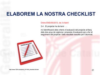 ELABOREM LA NOSTRA CHECKLIST
Ordre ENS/55/2013, de 3 d'abril
3.4 . El projecte ha de tenir …
m) Identificació dels criteris d’avaluació del projecte al llarg
dels dos anys de vigència i proposta d’avaluació per a fer el
seguiment del projecte i dels resultats assolits per l’alumnat.

http://www.123rf.com/photo_9111876_checklist-3d.html

21

 