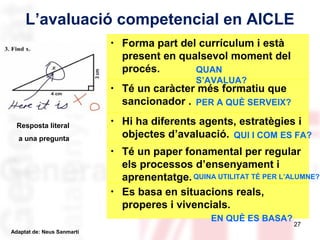 L’avaluació competencial en AICLE
• Forma part del currículum i està
present en qualsevol moment del
procés.
QUAN
S’AVALUA?

• Té un caràcter més formatiu que
sancionador . PER A QUÈ SERVEIX?
Resposta literal
a una pregunta

• Hi ha diferents agents, estratègies i
objectes d’avaluació. QUI I COM ES FA?
• Té un paper fonamental per regular
els processos d’ensenyament i
aprenentatge. QUINA UTILITAT TÉ PER L’ALUMNE?
• Es basa en situacions reals,
properes i vivencials.
EN QUÈ ES BASA?

Adaptat de: Neus Sanmartí

27

 