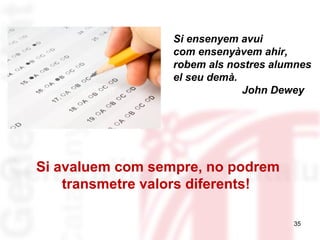 Si ensenyem avui
com ensenyàvem ahir,
robem als nostres alumnes
el seu demà.
John Dewey

Si avaluem com sempre, no podrem
transmetre valors diferents!
35

 
