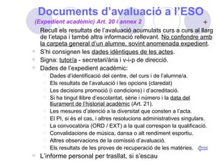 Documents d’avaluació a l’ESO Recull els resultats de l’avaluació acumulats curs a curs al llarg de l’etapa i també altra informació rellevant.  No confondre amb la carpeta general d’un alumne, sovint anomenada expedient . S’hi consignen les  dades idèntiques de les actes . Signa:  tutor/a  - secretari/ària i v-i-p de direcció. Dades de l’expedient acadèmic: Dades d’identificació del centre, del curs i de l’alumne/a. Els resultats de l’avaluació i les opcions (claredat)  Les decisions promoció (i condicions) i d’acreditació. Si ha tingut llibre d’escolaritat, sèrie i número i la  data del lliurament de l’historial acadèmic  (Art. 21). Les mesures d’atenció a la diversitat que consten a l’acta. El PI, si és el cas, i altres resolucions administratives singulars. La convocatòria (ORD / EXT) a la qual correspon la qualificació. Convalidacions de música, dansa o alt rendiment esportiu. Altres observacions de la comissió d’avaluació. Els resultats de les proves de recuperació de les matèries. L’informe personal per trasllat, si s’escau (Expedient acadèmic) Art. 20 i annex 2 