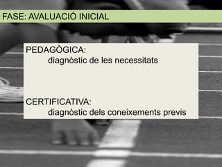 FASE: AVALUACIÓ INICIAL


     PEDAGÒGICA:
         diagnòstic de les necessitats



     CERTIFICATIVA:
         diagnòstic dels coneixements previs
 