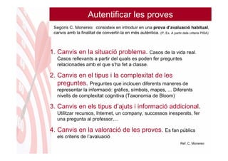 Autentificar les proves
 Segons C. Monereo: consisteix en introduir en una prova d’avaluació habitual,
 canvis amb la finalitat de convertir-la en més autèntica. (P. Ex. A partir dels criteris PISA)



1. Canvis en la situació problema. Casos de la vida real.
   Casos rellevants a partir del quals es poden fer preguntes
   relacionades amb el que s’ha fet a classe.

2. Canvis en el tipus i la complexitat de les
   preguntes. Preguntes que inclouen diferents maneres de
   representar la informació: gràfics, símbols, mapes, ... Diferents
   nivells de complexitat cognitiva (Taxonomia de Bloom)

3. Canvis en els tipus d’ajuts i informació addicional.
   Utilitzar recursos, Internet, un company, successos inesperats, fer
   una pregunta al professor,...

4. Canvis en la valoració de les proves. Es fan públics
   els criteris de l’avaluació
                                                                             Ref. C. Monereo
 