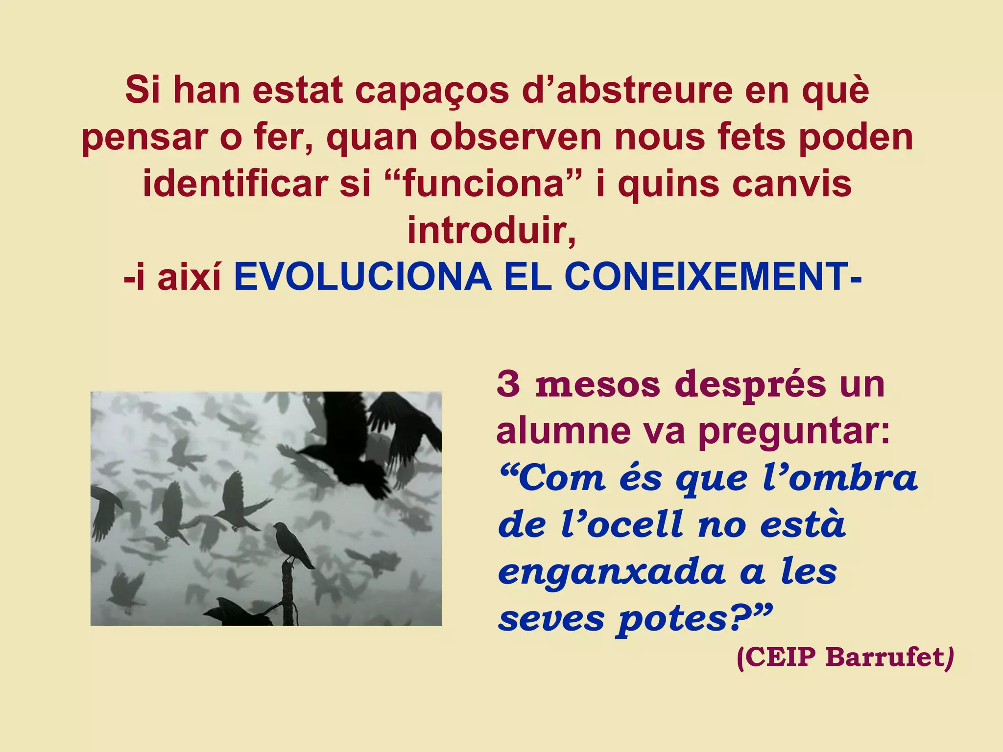 Si han estat capaços d’abstreure en qu è pensar o fer, quan observen nous fets poden identificar si “funciona” i quins canvis introduir,  -i així  EVOLUCIONA EL CONEIXEMENT-   3 mesos despr és un alumne va preguntar: “ Com és que l’ombra de l’ocell no està enganxada a les seves potes?” (CEIP Barrufet ) 
