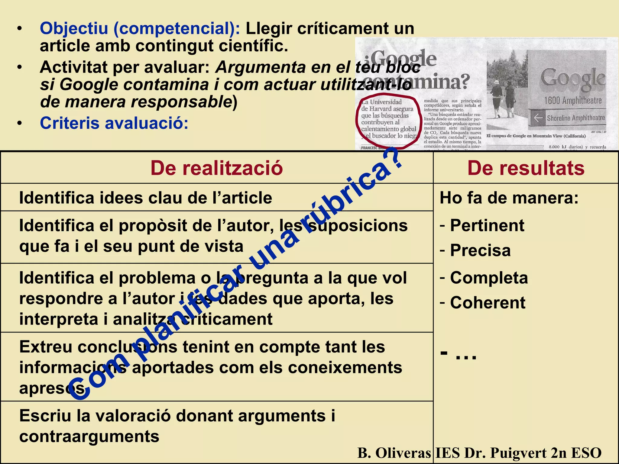 Objectiu (compet encial):  Llegir críticament un article amb contingut científic.  Activitat per avaluar:  Argumenta en el teu bloc si Google contamina i com actuar utilitzant-lo de manera responsable ) Criteris avaluació: Com planificar una r úbrica? B. Oliveras IES Dr. Puigvert 2n ESO De realitzaci ó De resultats Identifica idees clau de l’article Ho fa de manera: Identifica el propòsit de l’autor, les suposicions que fa i el seu punt de vista Pertinent Precisa Identifica el problema o la pregunta a la que vol respondre a l’autor i les dades que aporta, les interpreta i analitza críticament Completa Coherent Extreu conclusions tenint en compte tant les informacions aportades com els coneixements apresos - … Escriu la valoraci ó donant arguments i contraarguments 