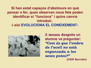 Si han estat capaços d’abstreure en qu è pensar o fer, quan observen nous fets poden identificar si “funciona” i quins canvis introduir,  -i així  EVOLUCIONA EL CONEIXEMENT-   3 mesos despr és un alumne va preguntar: “ Com és que l’ombra de l’ocell no està enganxada a les seves potes?” (CEIP Barrufet ) 