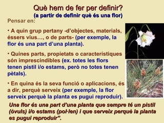 Pensar en: A quin grup pertany -d’objectes, materials, éssers vius…, o de parts-   (per exemple, la flor  és una  part d’una planta). Quines parts, propietats o caracter ístiques  s ón imprescindibles   (ex. totes les flors  tenen pistil i/o estams, per ò no totes tenen  p ètals ). En quina  és la seva funció o aplicacions, és a dir, perquè serveix   (per exemple, la flor serveix perquè la planta es pugui reproduir). Qu è hem de fer per definir? (a partir de definir què és una flor) Una flor és una part d’una planta que sempre té un pistil (òvuls) i/o estams (pol·len) i que serveix perquè la planta es pugui reproduir”. 