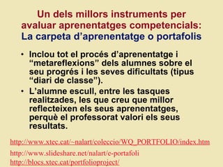 Un dels millors instruments per avaluar aprenentatges competencials:  La carpeta d ’aprenentatge o portafolis Inclou tot el proc és  d ’aprenentatge i “metareflexions” dels alumnes sobre el seu progrés i les seves dificultats (tipus “diari de classe”).  L ’alumne escull, entre les tasques realitzades, les que creu que millor reflecteixen els seus aprenentatges, perquè el professorat valori els seus resultats.  http://www.xtec.cat/~nalart/coleccio/WQ_PORTFOLIO/index.htm http://www.slideshare.net/nalart/e-portafoli http://blocs.xtec.cat/portfolioproject/ 