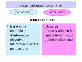 CARACTERÍSTIQUES AVALUACIÓ   Basat en la recollida d’informació objectiva i interpretació de les puntuacions Basat en l’observació, en la subjectivitat i en el judici professional TRADICIONAL ALTERNATIVA JUDICI AVALUATIU : 