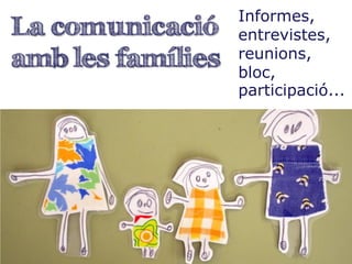 La comunicació
amb les famílies
Informes,
entrevistes,
reunions,
bloc,
participació...
 