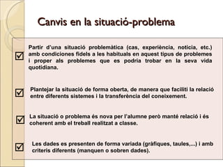 Canvis en la situació-problema

    Partir d’una situació problemàtica (cas, experiència, noticia, etc.)
   amb condiciones fidels a les habituals en aquest tipus de problemes
    i proper als problemes que es podria trobar en la seva vida
    quotidiana.


    Plantejar la situació de forma oberta, de manera que faciliti la relació
   entre diferents sistemes i la transferència del coneixement.


    La situació o problema és nova per l’alumne però manté relació i és
   coherent amb el treball realitzat a classe.


     Les dades es presenten de forma variada (gràfiques, taules,...) i amb
    criteris diferents (manquen o sobren dades).
 