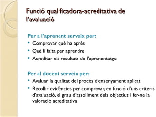 Funció qualificadora-acreditativa de
l’avaluació

Per a l’aprenent serveix per:
 Comprovar què ha après
 Què li falta per aprendre
 Acreditar els resultats de l’aprenentatge


Per al docent serveix per:
 Avaluar la qualitat del procés d’ensenyament aplicat
 Recollir evidències per comprovar, en funció d’uns criteris
  d’avaluació, el grau d’assoliment dels objectius i fer-ne la
  valoració acreditativa
 