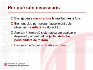 Per què són necessaris
 Ens ajuden a comprendre la realitat més a fons.
 Element clau per valorar l’assoliment dels
objectius (resultats) i valorar l’èxit.
 Aporten informació sistemàtica per avaluar el
desenvolupament del projecte i detectar
possibilitats de millora.
 Ens seran útils per a rendir comptes.
 