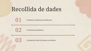 Presència o absència d’evidències
Comentaris qualitatius
Comparació amb els barems normatius
Recollida de dades
01
02
03
 