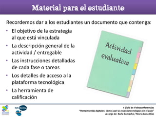 • El objetivo de la estrategia
al que está vinculada
• La descripción general de la
actividad / entregable
• Las instrucciones detalladas
de cada fase o tareas
• Los detalles de acceso a la
plataforma tecnológica
• La herramienta de
calificación
Material para el estudiante
II Ciclo de Videoconferencias
“Herramientas digitales: cómo usar las nuevas tecnologías en el aula”
A cargo de: Karla Camacho / María Luisa Díaz
Recordemos dar a los estudiantes un documento que contenga:
 