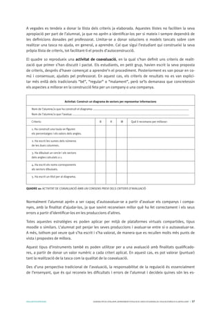 AVALUARPERAPRENDRE GENERALITATDECATALUNYA.DEPARTAMENTD’EDUCACIÓ.DIRECCIÓGENERALDEL’EDUCACIÓBÀSICAIELBATXILLERAT I 17
A vegades es tendeix a donar la llista dels criteris ja elaborada. Aquestes llistes no faciliten la seva
apropiació per part de l’alumnat, ja que no aprèn a identificar-los per si mateix i sempre dependrà de
les definicions donades pel professorat. Limitar-se a donar solucions o models tancats sobre com
realitzar una tasca no ajuda, en general, a aprendre. Cal que sigui l’estudiant qui construeixi la seva
pròpia llista de criteris, tot facilitant-li el procés d’autoconstrucció.
El quadre 10 reprodueix una activitat de coavaluació, en la qual s’han definit uns criteris de realit-
zació que primer s’han discutit i pactat. Els estudiants, en petit grup, havien escrit la seva proposta
de criteris, després d’haver començat a aprendre’n el procediment. Posteriorment es van posar en co-
mú i consensuar, ajudats pel professorat. En aquest cas, els criteris de resultats no es van explici-
tar més enllà dels tradicionals “bé”, “regular” o “malament”, però se’ls demanava que concretessin
els aspectes a millorar en la construcció feta per un company o una companya.
Activitat: Construir un diagrama de sectors per representar informacions
Nom de l’alumne/a que ha construït el diagrama:..........................................................................................................................
Nom de l’alumne/a que l’avalua:....................................................................................................................................................
Criteris:	 B	 R	 M	 Què li recomano per millorar:
1. Ha construït una taula on figuren
els percentatges i els valors dels angles.				
2. Ha escrit les sumes dels números
de les dues columnes.				
3. Ha dibuixat un cercle i els sectors
dels angles calculats a 1.				
4. Ha escrit els noms corresponents
als sectors dibuixats.				
5. Ha escrit un títol per al diagrama.
QUADRE 10: ACTIVITAT DE COAVALUACIÓ AMB UN CONSENS PREVI DELS CRITERIS D’AVALUACIÓ
Normalment l’alumnat aprèn a ser capaç d’autoavaluar-se a partir d’avaluar els companys i compa-
nyes, amb la finalitat d’ajudar-los, ja que sovint reconeixen millor què ha fet correctament i els seus
errors a partir d’identificar-los en les produccions d’altres.
Totes aquestes estratègies es poden aplicar per mitjà de plataformes virtuals compartides, tipus
moodle o similars. L’alumnat pot penjar les seves produccions i avaluar-se entre si o autoavaluar-se.
A més, tothom pot veure què s’ha escrit i s’ha valorat, de manera que es recullen molts més punts de
vista i propostes de millora.
Aquest tipus d’instruments també es poden utilitzar per a una avaluació amb finalitats qualificado-
res, a partir de donar un valor numèric a cada criteri aplicat. En aquest cas, es pot valorar (puntuar)
tant la realització de la tasca com la qualitat de la coavaluació.
Des d’una perspectiva tradicional de l’avaluació, la responsabilitat de la regulació és essencialment
de l’ensenyant, que és qui reconeix les dificultats i errors de l’alumnat i decideix quines són les es-
 