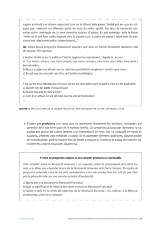 AVALUARPERAPRENDRE GENERALITATDECATALUNYA.DEPARTAMENTD’EDUCACIÓ.DIRECCIÓGENERALDEL’EDUCACIÓBÀSICAIELBATXILLERAT I 23
S’entén per productiva una tasca que no reprodueix literalment les activitats realitzades per
aprendre, tot i que formi part de la mateixa família. La competència passa per demostrar la ca-
pacitat per aplicar els sabers apresos a la interpretació de nous fets i a l’actuació en noves si-
tuacions, diferents dels treballats a classe. Si es plantegen diferents qüestions, algunes poden
ser reproductives, però la majoria han de tendir a avaluar si l’alumnat és capaç de transferir co-
neixements a noves situacions (quadre 14).
capten estímuls i es donen respostes) com de la difusió dels gasos. També pot ser que es vol-
gués que relacionin els diferents punts de vista (la millor opció). Per tant, és necessari con-
cretar quins continguts de la seva memòria haurien d’activar. Es pot començar amb la frase:
“Amb tot el què hem après aquests dies (o aquest curs, o sobre els gasos i sobre com les per-
sones ens relacionem amb el nostre entorn)…”.
No serien bones preguntes d’avaluació aquelles que sota un format innovador, demanen allò
de sempre. Per exemple:
• Al diari d’ahir va sortir publicat l’article següent (es reprodueix). Llegeix-lo i escriu:
a) Tres noms comuns, tres noms propis, tres noms concrets, tres noms abstractes, tres verbs i
tres adverbis.
b) Busca 5 adjectius al text i escriu totes les possibilitats de gènere i nombre que tenen.
c) Escull tres oracions del text i fes-ne l’anàlisi morfològica.
…
• La Carme està estudiant la cèl·lula i vol dir als seus pares què ha après. Com els ho explicaria:
a) Quines són les parts d’una cèl·lula?
b) Quins tipus de cèl·lules hi ha?
c) Com és el dibuix de les cèl·lules que ha vist al microscopi?
…
QUADRE 13: ANÀLISI D’EXEMPLES DE TASQUES-PREGUNTES CARACTERITZADES PER LA SEVA CONTEXTUALITZACIÓ
Nivells de preguntes segons el seu caràcter productiu o reproductiu
S’ha treballat sobre la Revolució Francesa i, en especial, sobre la proclamació dels drets hu-
mans i es dóna una còpia del resum de la Declaració Universal dels Drets Humans. Exemples de
preguntes ordenades des de les més reproductives a les més productives (no vol dir que s’ha-
gin de plantejar totes en una mateixa activitat d’avaluació):
a) Quins drets va proclamar la Revolució Francesa?
b) Què va significar en la història dels drets humans la Revolució Francesa?
c) Quina relació hi ha entre els objectius de la Revolució Francesa i els inclosos a la Declara-
ció Universal dels Drets Humans?
 