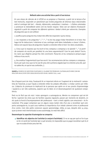 AVALUARPERAPRENDRE GENERALITATDECATALUNYA.DEPARTAMENTD’EDUCACIÓ.DIRECCIÓGENERALDEL’EDUCACIÓBÀSICAIELBATXILLERAT I 7
Des d’aquest punt de vista, l’avaluació té un important efecte en l’augment de la motivació i autoes-
tima de l’alumnat, ja que l’ajuda a entendre millor les pròpies dificultats i a trobar camins per millo-
rar. L’objectiu és promoure la implicació de la persona que aprèn en el seu procés d’aprenentatge
i ajudar-la a ser més autònoma, aspecte que és bàsic en el desenvolupament de qualsevol compe-
tència.
Però no és fàcil que els nois i noies aprenguin a autoregular-se. Mentre no comprenen què vol dir
fer-ho i aprenen les eines que els faciliten aquesta regulació, passen per moments de desànim, en
els quals la funció d’acompanyament del professorat —tant a nivell cognitiu com emocional— és fo-
namental. S’ha pogut comprovar que en alguns casos tarden més d’un any a reconèixer què com-
porta autoregular-se, la qual cosa reafirma la importància d’un treball coherent entre el professorat
d’un centre. Com més petits comencen aquest aprenentatge, millor, ja que, després dels 14 anys,
quan ja tenen molt interioritzada la seva autoimatge, és molt més difícil.
Desenvolupar la capacitat d’autoregular-se comporta:
Identificar els objectius de l’activitat (o conjunt d’activitats). Si no se sap per què es fa el que
es fa i el sentit de l’activitat (per a què serveix), és impossible que es pugui reconèixer què és el
que no acaba d’estar prou ben fet.
QUADRE 3: EXEMPLES DE QÜESTIONS PLANTEJADES A L’ALUMNAT PER PROMOURE L’AUTOAVALUACIÓ SOBRE COM VAN
REALITZAR UNA ACTIVITAT (PER CONSULTAR RESULTATS VEURE: SARDÀ ET ALII., 2006)
Reflexió sobre una activitat feta a partir d’una lectura
En una classe de ciències de 1r d’ESO es va proposar a l’alumnat, a partir de la lectura d’un
text instructiu, respondre un qüestionari que incloïa preguntes de diversos tipus relacionades
amb el contingut del text —literals, inferencials, avaluatives i creatives— i d’altres orientades
a promoure la metareflexió sobre com les havien respost. Totes van ser objecte d’avaluació-
regulació a partir de comparar les diferents opinions i deduir criteris per valorar-les. Exemples
de preguntes que es van utilitzar:
1. Justifica quina pregunta heu trobat més difícil de respondre i quina menys.
2. Les respostes a les preguntes “...” i “...” no les has pogut trobar literalment en el text. Has
hagut de fer deduccions i relacionar el seu contingut amb idees treballades a classe i d’altres.
Valora com aquest tipus de preguntes t’ajuden a entendre millor el text i les idees estudiades.
3. Creus que la resposta que ha escrit el teu company o companya a la qüestió “...” (a partir
de comparar els escrits per parelles) és una bona argumentació? Com ho pots deduir? Escriu
les raons que afegiries perquè fos més convincent. Passa-les al teu company/a perquè pugui
millorar el seu escrit.
4. Ara analitza l’argumentació que has escrit i les recomanacions del teu company o companya.
Escriu per què creus que no ho vas fer prou bé la primera vegada (què no entenies prou bé, què
no sabies fer, en què et vas confondre…).
 