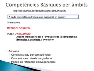  Annexos
◦ Continguts clau per competències
◦ Competències i nivells de gradació
◦ Portals de referència del Departament
Orientacions
METODOLÒGIQUES
PER A L’AVALUACIÓ
Alguns indicadors per a l’avaluació de la competència
Exemples d’activitats d’avaluació
A cada Competència trobem una explicació on trobem:
http://xtec.gencat.cat/ca/curriculum/eso/curriculum/
 