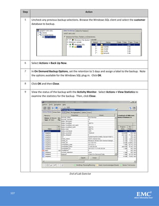 107
Step Action
5 Uncheck any previous backup selections. Browse the Windows SQL client and select the customer
database to backup.
6 Select Actions > Back Up Now.
7 In On Demand Backup Options, set the retention to 5 days and assign a label to the backup. Note
the options available for the Windows SQL plug-in. Click OK.
8 Click OK and then Close.
9 View the status of the backup with the Activity Monitor. Select Actions > View Statistics to
examine the statistics for the backup. Then, click Close.
End of Lab Exercise
 