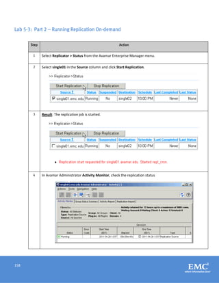 158
Lab 5-3: Part 2 – Running Replication On-demand
Step Action
1 Select Replicator > Status from the Avamar Enterprise Manager menu.
2 Select single01 in the Source column and click Start Replication.
3 Result: The replication job is started.
4 In Avamar Administrator Activity Monitor, check the replication status
 