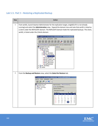 160
Lab 5-3: Part 3 – Restoring a Replicated Backup
Step Action
1 From win01, launch Avamar Administrator for the replication target, single02 (if it is not already
running) and select the Administration view. Expand the domain tree and note that win01 is listed as
a client under the REPLICATE domain. The REPLICATE domain holds the replicated backups. The client,
win02, is listed under the /clients domain
2 From the Backup and Restore view, select the Select for Restore tab.
 