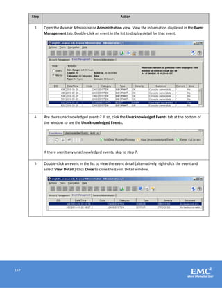 167
Step Action
3 Open the Avamar Administrator Administration view. View the information displayed in the Event
Management tab. Double-click an event in the list to display detail for that event.
4 Are there unacknowledged events? If so, click the Unacknowledged Events tab at the bottom of
the window to see the Unacknowledged Events.
If there aren’t any unacknowledged events, skip to step 7.
5 Double-click an event in the list to view the event detail (alternatively, right-click the event and
select View Detail.) Click Close to close the Event Detail window.
 