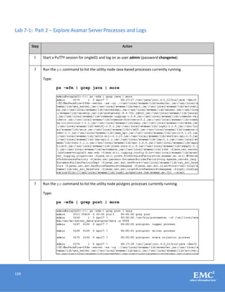 199
Lab 7-1: Part 2 – Explore Avamar Server Processes and Logs
Step Action
1 Start a PuTTY session for single01 and log on as user admin (password changeme).
2 Run the ps command to list the utility node Java-based processes currently running.
Type:
ps –efm | grep java | more
3 Run the ps command to list the utility node postgres processes currently running.
Type:
ps –efm | grep post | more
 