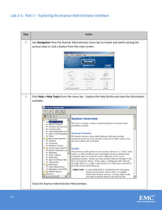 24
Lab 2-1: Part 3 – Exploring the Avamar Administrator Interface
Step Action
1 Use Navigation from the Avamar Administrator menu bar to invoke and switch among the
various tasks or click a button from this main screen.
2 Click Help > Help Topics from the menu bar. Explore the Help facility and note the information
available.
Close the Avamar Administrator Help window.
 