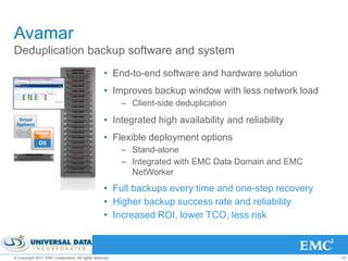 Avamar
Deduplication backup software and system
                                                  • End-to-end software and hardware solution
                                                  • Improves backup window with less network load
                                                         – Client-side deduplication
                                                  • Integrated high availability and reliability
            Avamar
              VM
                                                  • Flexible deployment options
                                                         – Stand-alone
                                                         – Integrated with EMC Data Domain and EMC
                                                           NetWorker
                                                  • Full backups every time and one-step recovery
                                                  • Higher backup success rate and reliability
                                                  • Increased ROI, lower TCO, less risk



© Copyright 2011 EMC Corporation. All rights reserved.                                               10
 