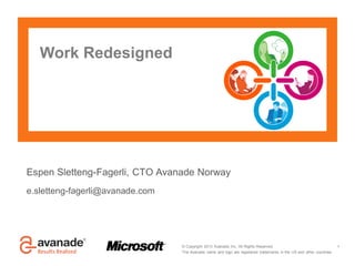© Copyright 2013 Avanade Inc. All Rights Reserved.
The Avanade name and logo are registered trademarks in the US and other countries.
Espen Sletteng-Fagerli, CTO Avanade Norway
e.sletteng-fagerli@avanade.com
1
Work Redesigned
 