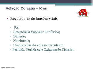 Relação Coração – Rins
• Reguladores de funções vitais
▫ PA;
▫ Resistência Vascular Periférica;
▫ Diurese;
▫ Natriurese;
▫ Homeostase do volume circulante;
▫ Perfusão Periférica e Oxigenação Tissular.
Google Imagens, 2016
 